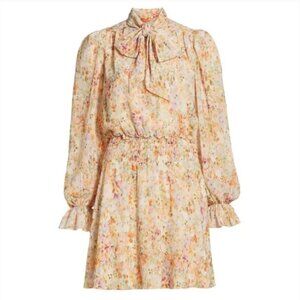 ML Monique Lhuillier Tie-Neck Floral Print Chiffon Dress in Enchanted Garden